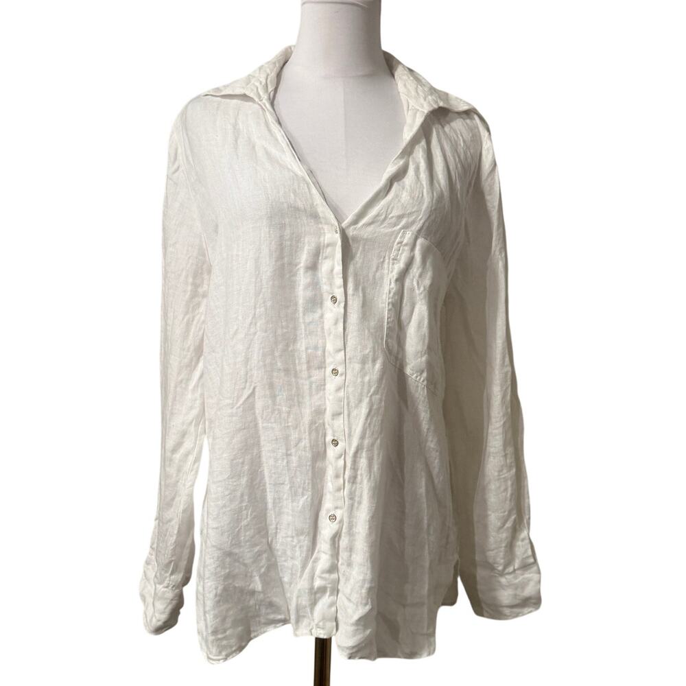 Zara Linen White Button Down Long Sleeve Shirt Womens Large Oversized Coastal
